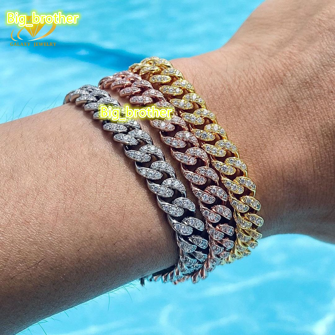 Hiphop Bracelet Miami Cuban Chains Lab Diamond 925 Sterling Silver Gold Plated Vvs Moissanite Diamond Cuban Bracelet for Men