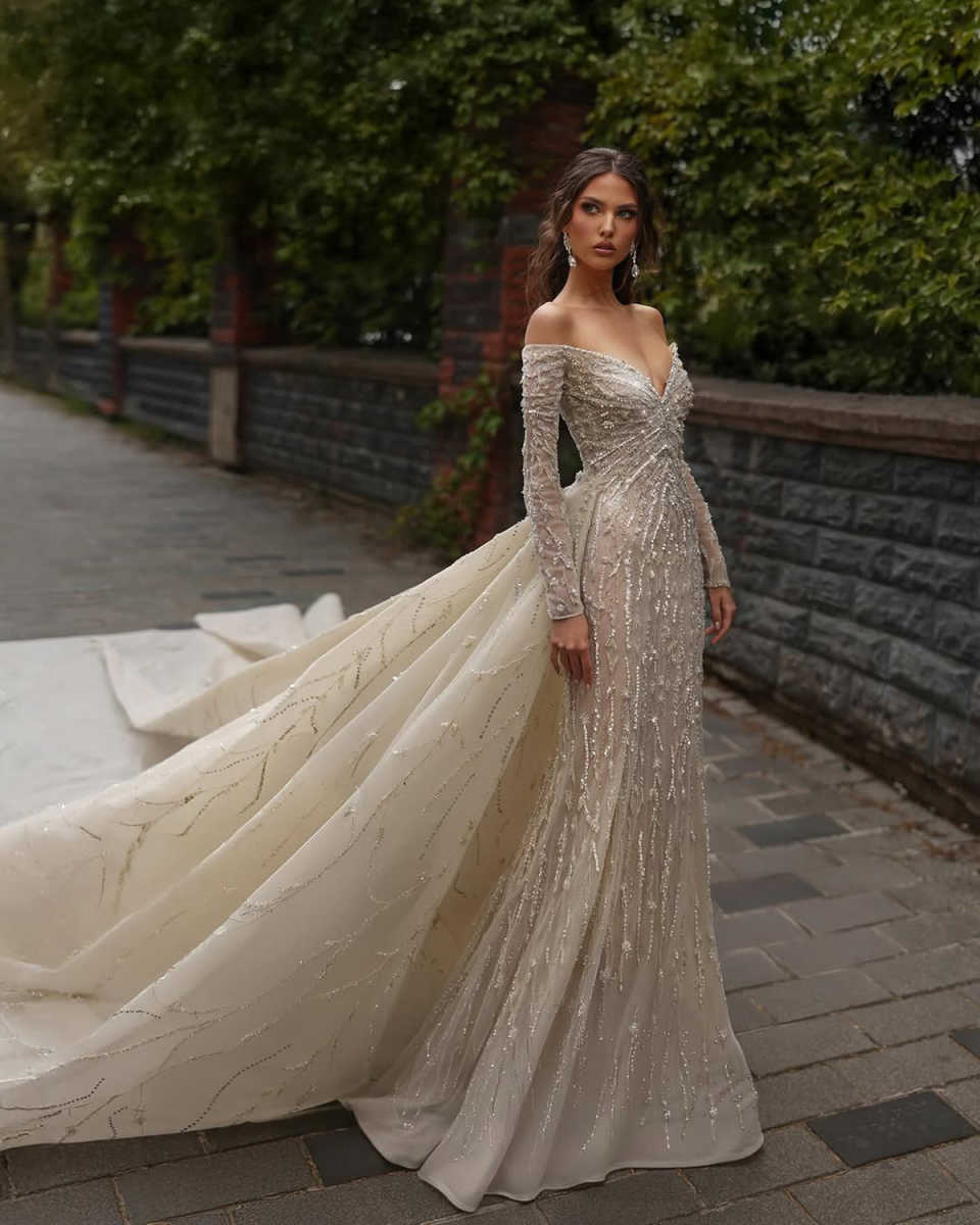 Exquisite Mermaid Wedding Dress V Neck Beading Sequins Bride Gowns Long Sleeve Detachable Sweep Train Bridal Dresses Customized