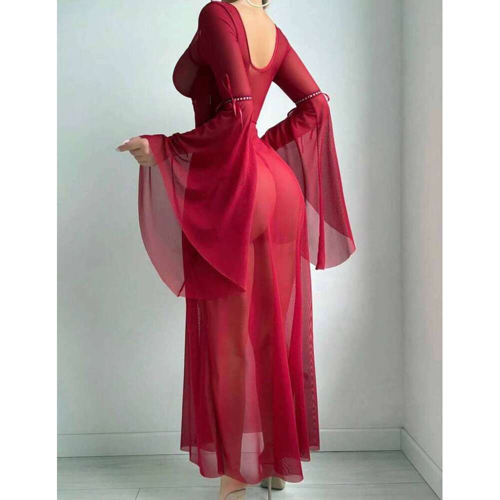 Tdz69 High Quality Long Dress Transparent Red Stripper Outfit Femme Nightie Sexy Lingerie Women Sets