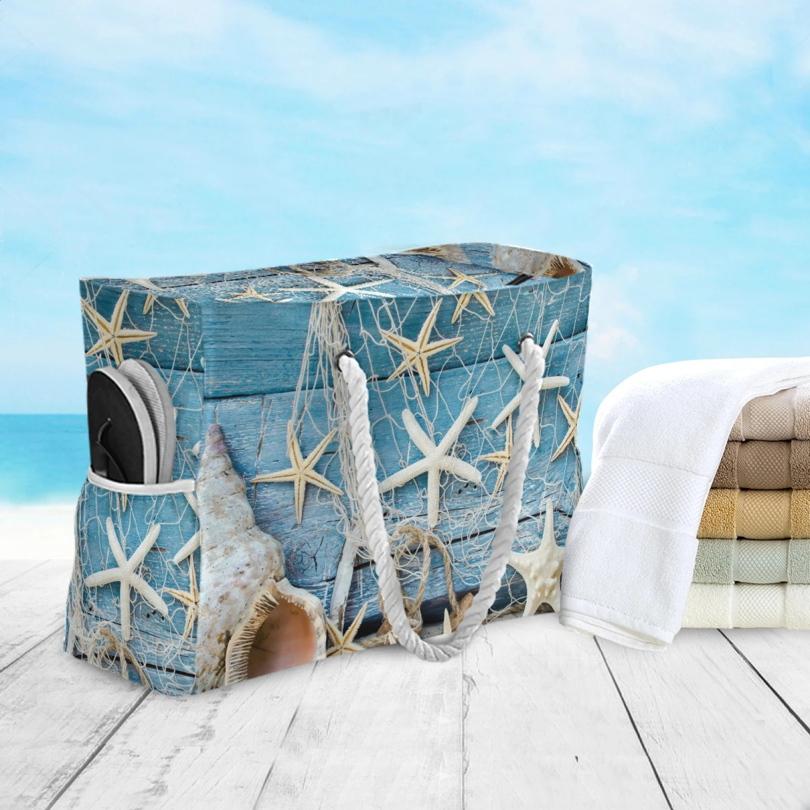 Ladies Shoulder Bag Blue Ocean Seashell Beach Sand Prints Tote Shopping Linen Fabric Beautiful Casual Practical Handbag 250528