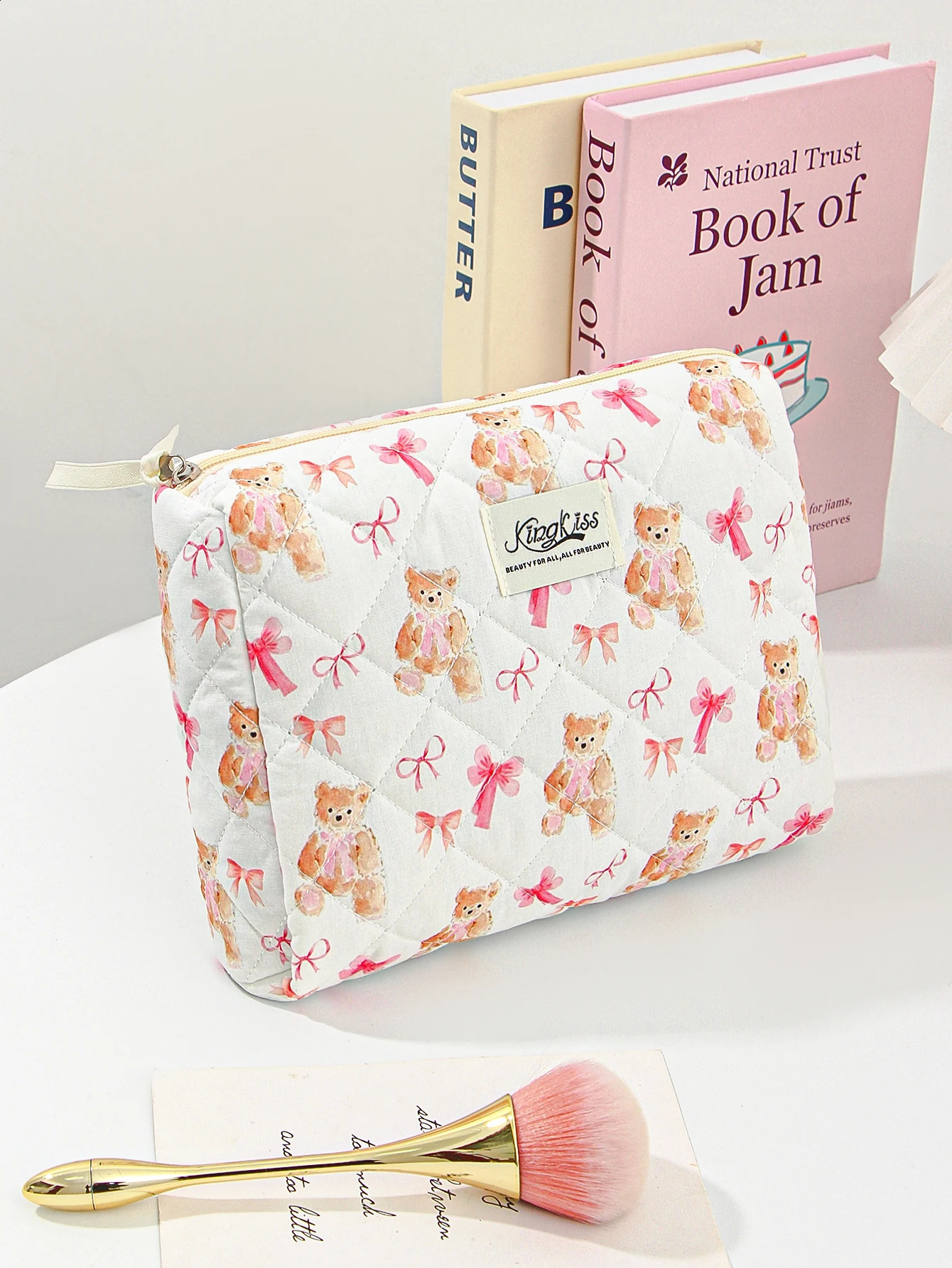 Cute Small Bear Pattern Makeup Bag Set Quilted Cosmetic Aesthetic Travel Toiletry Bags 250528