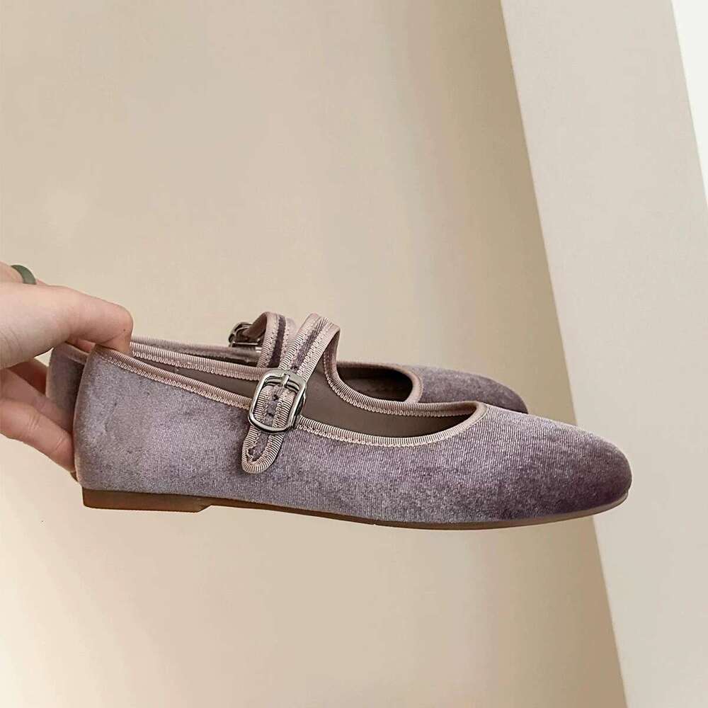 Genuine Leather Velvet French Style Shallow Round Toe One-Strap Mary Jane Shoes for Women 2025 Spring Ballet Flats