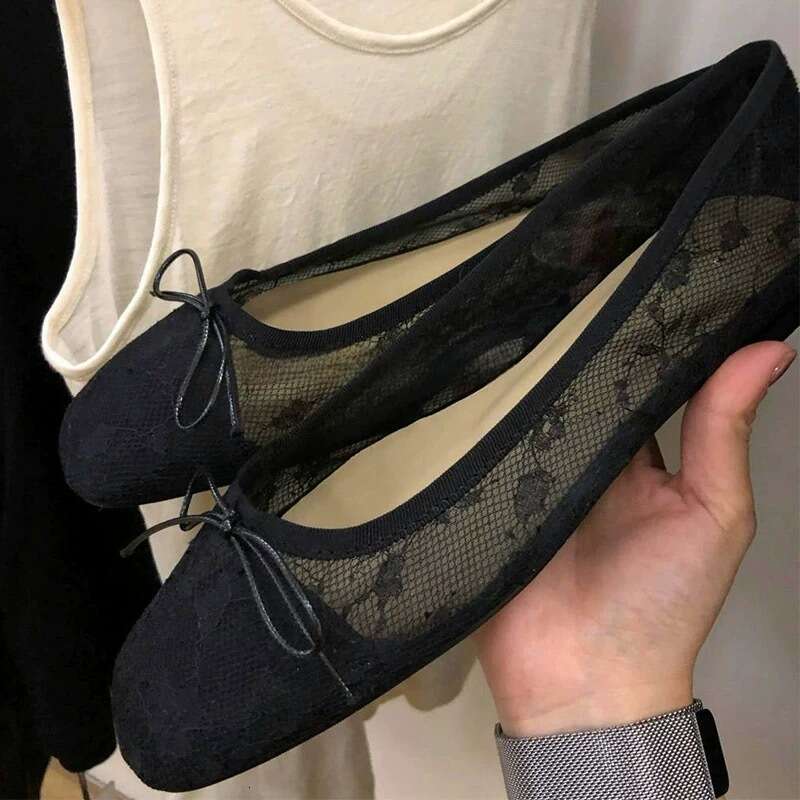 Genuine Leather Korean Style Mesh Lace Bow Ballet for Women 2025 Spring Summer Versatile Square Toe Shallow Mouth Flat Shoes