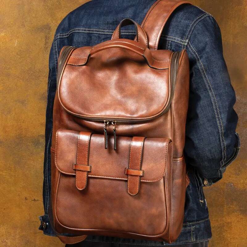 Retro Trend Handmade Genuine Leather Backpack For Men And Women, Top Layer Vegetable Tanned Cowhide Double Shoulder Bag