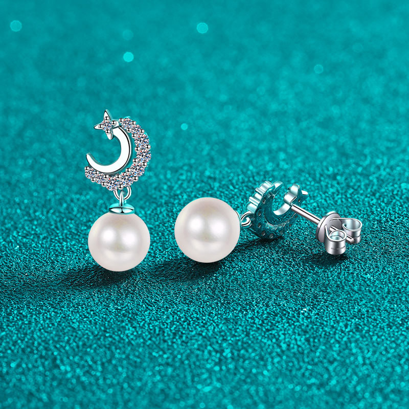 Moissanite S925 Silver Pearl Stud Earrings for Women, Fresh and Cute Star Moon Design, Sweet Fashionable Earrings with Elegant Charm