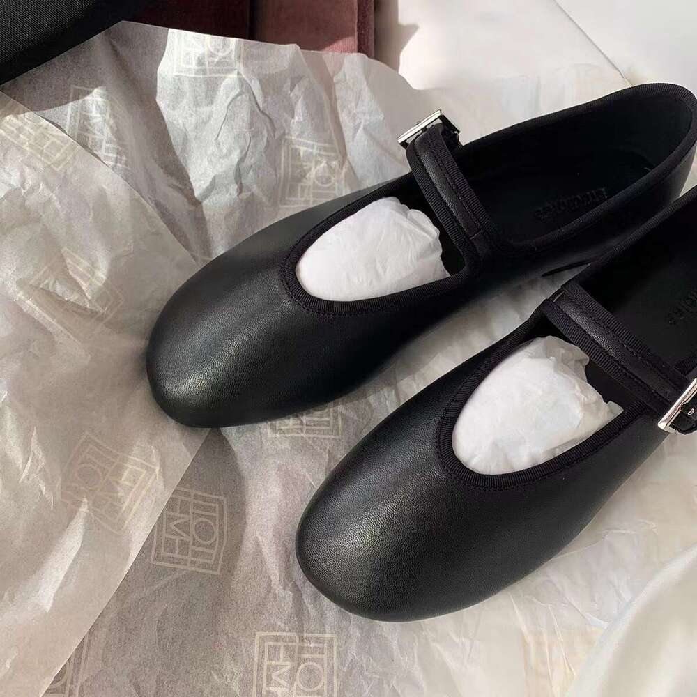 Grape Mom Round Toe Row Style One-Strap Genuine Leather Shallow Mouth Flat Ballet Mary Jane Single Shoes for Women