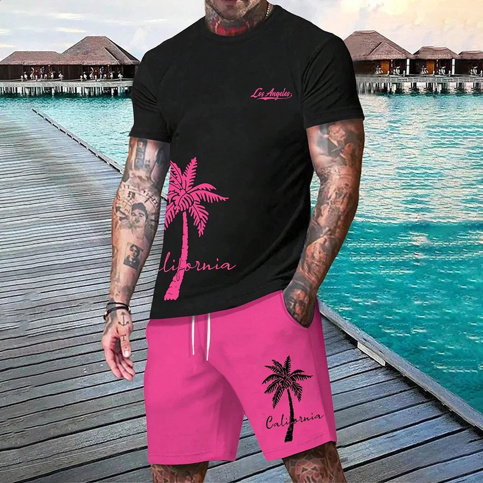 3D printed mens short sleeved fashionable Tshirt dopamine beach casual shorts set soft and comfortable 250520Z
