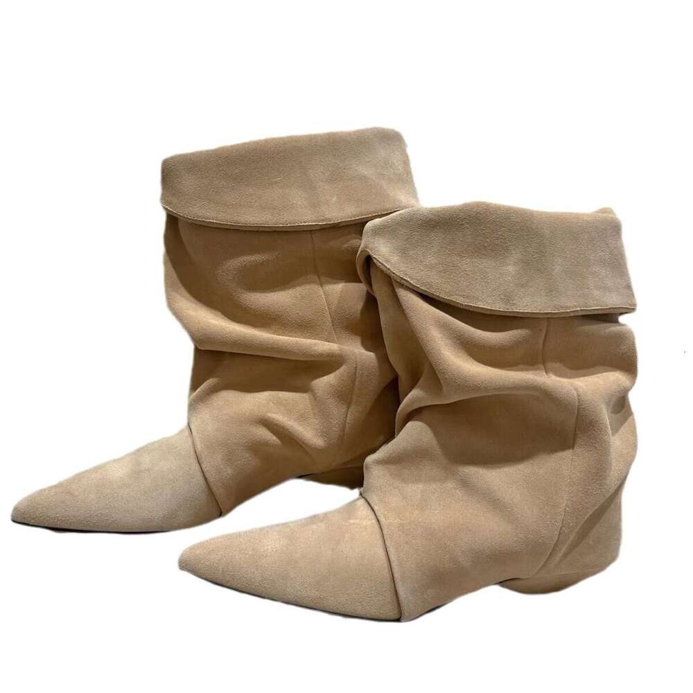 Korean Style Niche Design Pleated Slouch Pointed Toe Western Cowboy for Women 2024 New Autumn Winter Kitten Heel Ankle Boots