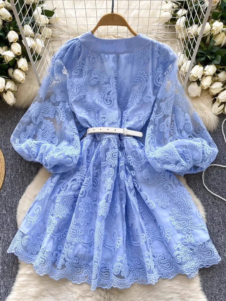 France Elegant Vintage Evening Dress Women Embroidery Sashes Short Party Dress Female Casual Holiday Clothing 250517