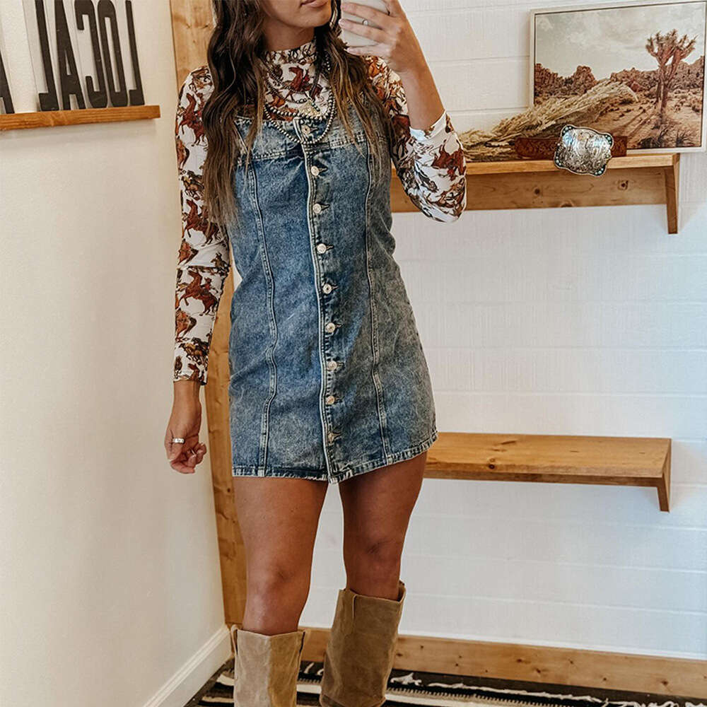 Early Autumn Vintage Strap Casual Western Style Slim Fit Denim Dress B5