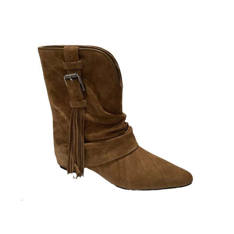 Genuine Leather Niche Suede Pointed Toe Tassel Slim Short Women 2024 Autumn Winter New V-Cut Fashion Martin Boots