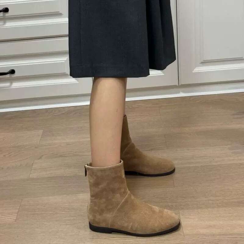 Korean Style Melard Suede Flat Western Cowboy Short for Women Autumn Winter Versatile Back Zipper Slim Boots