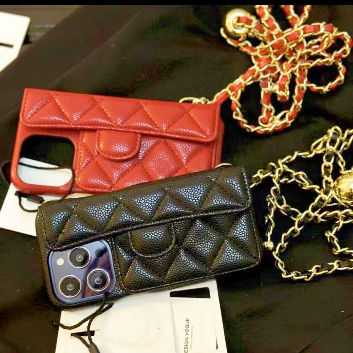 Designer Phone Case for iPhone 16 Pro Max Case Card Holders Apple iPhone 15 pro max 14 13 12 14promax 15pro 15 Plus 16 Plus Case Leather Quilted Mobile Cover Chain Lanyard