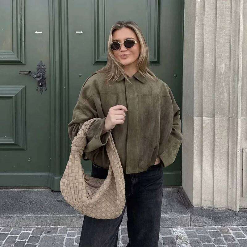 RAFZNB Women's Bomber Jackets Fashion Turn-down Collar Long Sleeve Loose Coats Vintage Female Outerwear Chic Tops