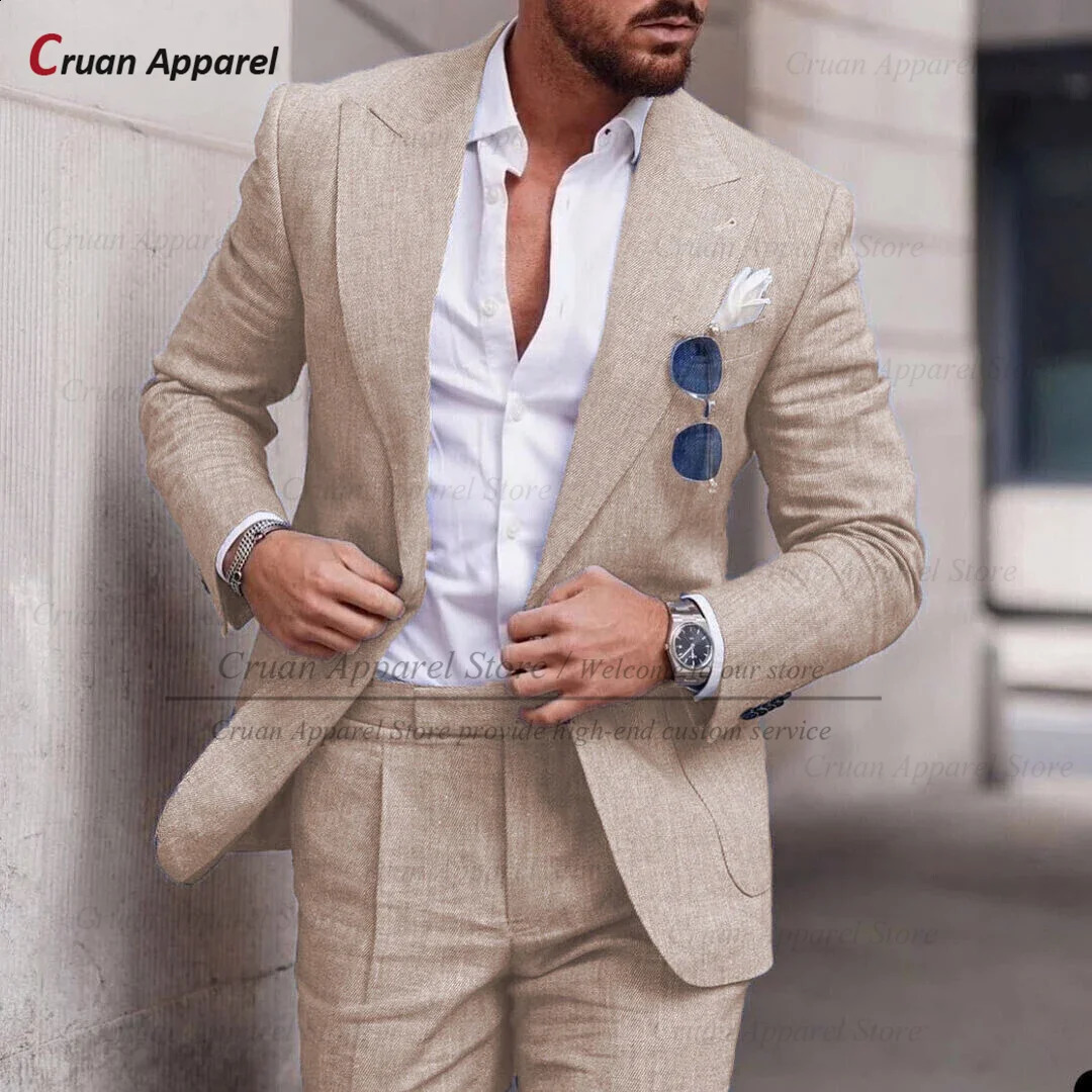 Fashion Sky Blue Linen Suit Set For Male Casual Party Fashion Blazer Pants 2Pieces Wedding Groomsman Formal Peaked Lapel Outfits 250522