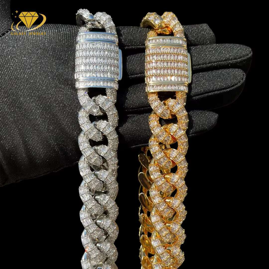 Trendy Mens Jewelry Miami Heavy Cuban Link Chain 20mm Bling Iced Out Moissanite Baguette Diamond Cuban Bracelet Necklace