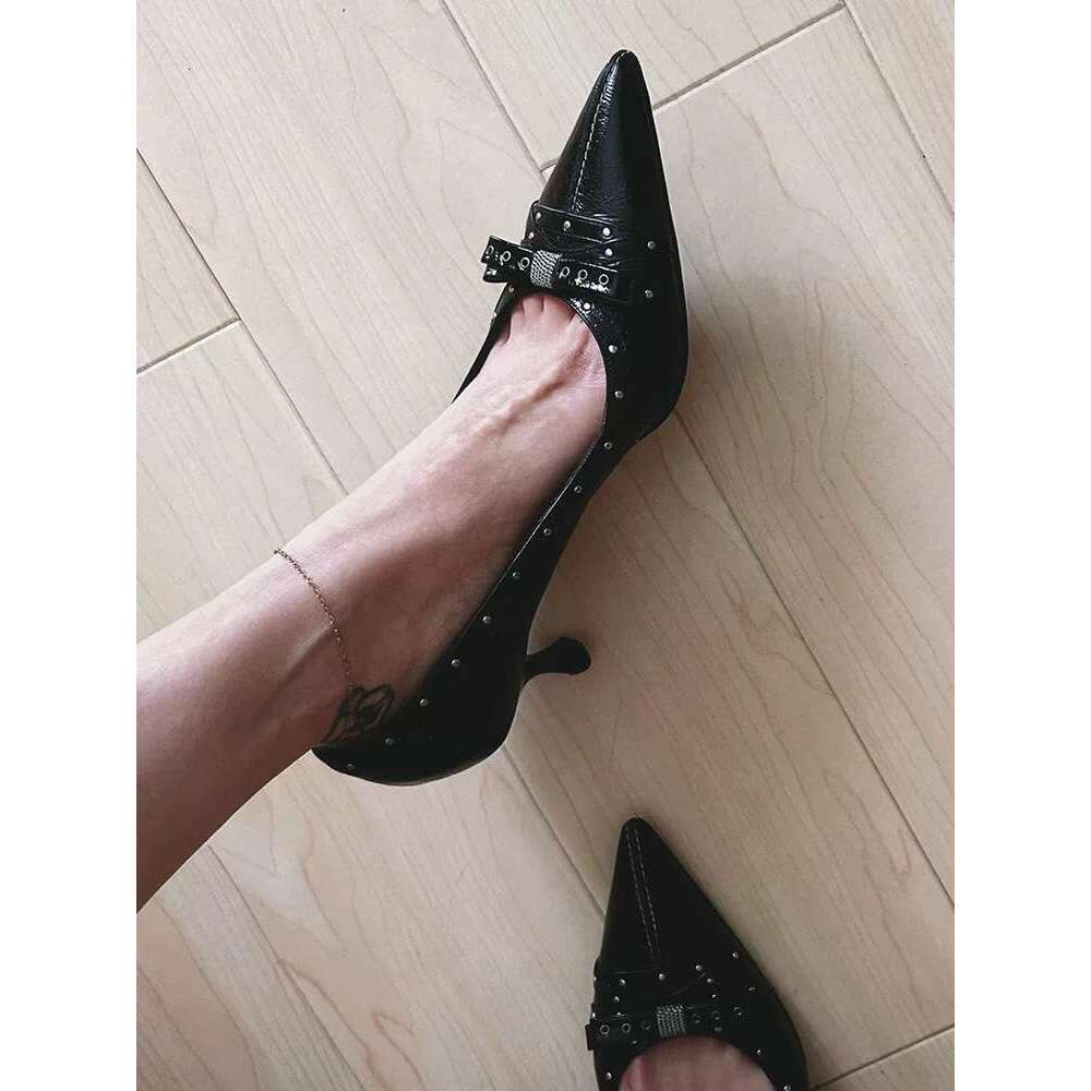 Genuine Leather French Rivet Bow Pointed Toe Shallow Mouth Stiletto Women 2025 New Spring Summer Elegant High Heels