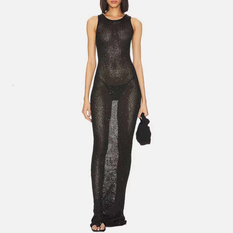 Hollow Out Maxi Length Side Slit Fashion Sexy Party Wear Dresses Summer Sequin Bikini Crochet Cover Ups Beach Dress