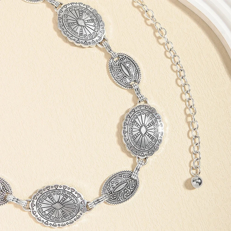 Retro style womens metal waist chain accessories Decorative circle carved chain belt high style accessories 250523
