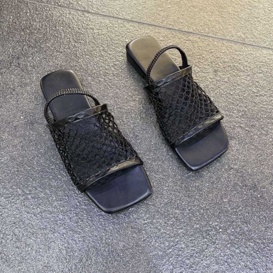 Sheepskin Version ~ Korean Style Fishnet Square Open Toe Women Summer 2025 New Flat Sandals for Outdoor Wear