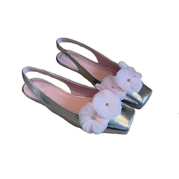 Cowhide Version ~ Fairy Style Flower Peep-Toe Sandals for Women 2025 Summer New Square Toe Flat Back Strap Single Shoes