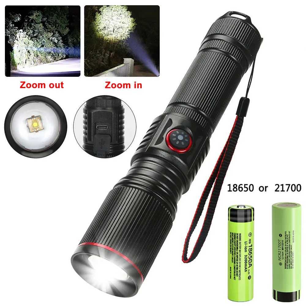 Powerful LED White Laser Flashlight 18650 or 21700 Battery Aluminum Alloy Zoom Torch Light Lamp with Tail Rope Power Indicator XJ250529