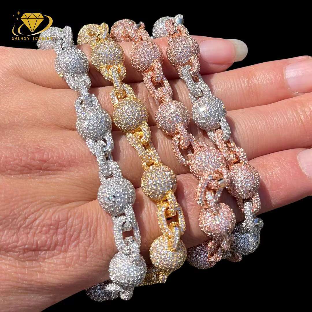 Iced Out Ball 15mm Curb Chain Moissanite Diamond Hiphop 925 Sterling Silver Beads Cuban Link Bracelet Necklace for Men