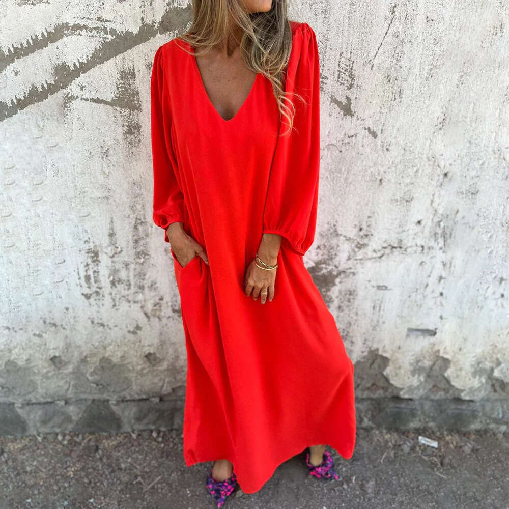 Spring And Autumn Casual Loose V-Neck Solid Color Women's Lantern Sleeve Dress Multiple Colors B5