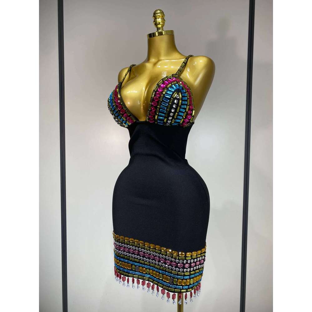 Sparkly Colorful Dias V Neck Black Bodycon Bandage Dress 2025 Celebrity Elegant Evening Club Party Birthday Dresses