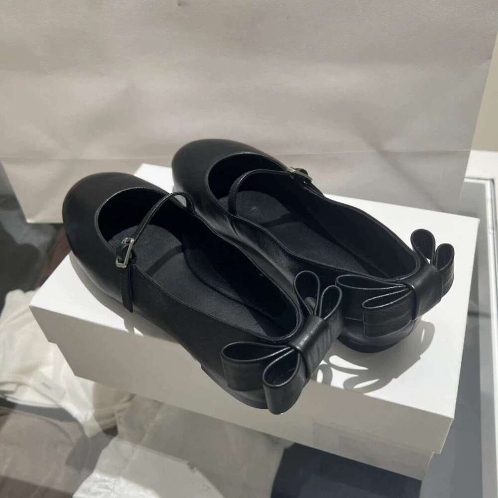 Genuine Leather French Style Back Bowknot Shallow Mouth One-Strap Mary Jane for Women Spring and Autumn New Ballet Flat Shoes
