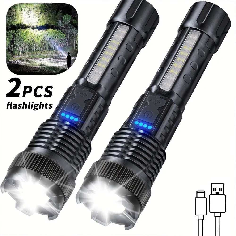 2pcs Rechargeable Zoomable Super Bright Flashlight for Emergency Power Outage for Outdoor Camping Hurricane XJ250529