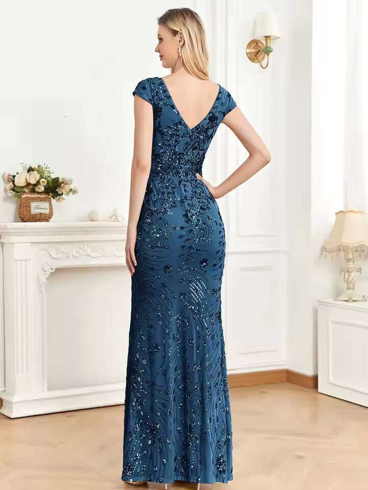 DHCollections Women Mermaid Sequin Maxi Dress Deep V Neck Formal Evening Gown Wedding Party Wear