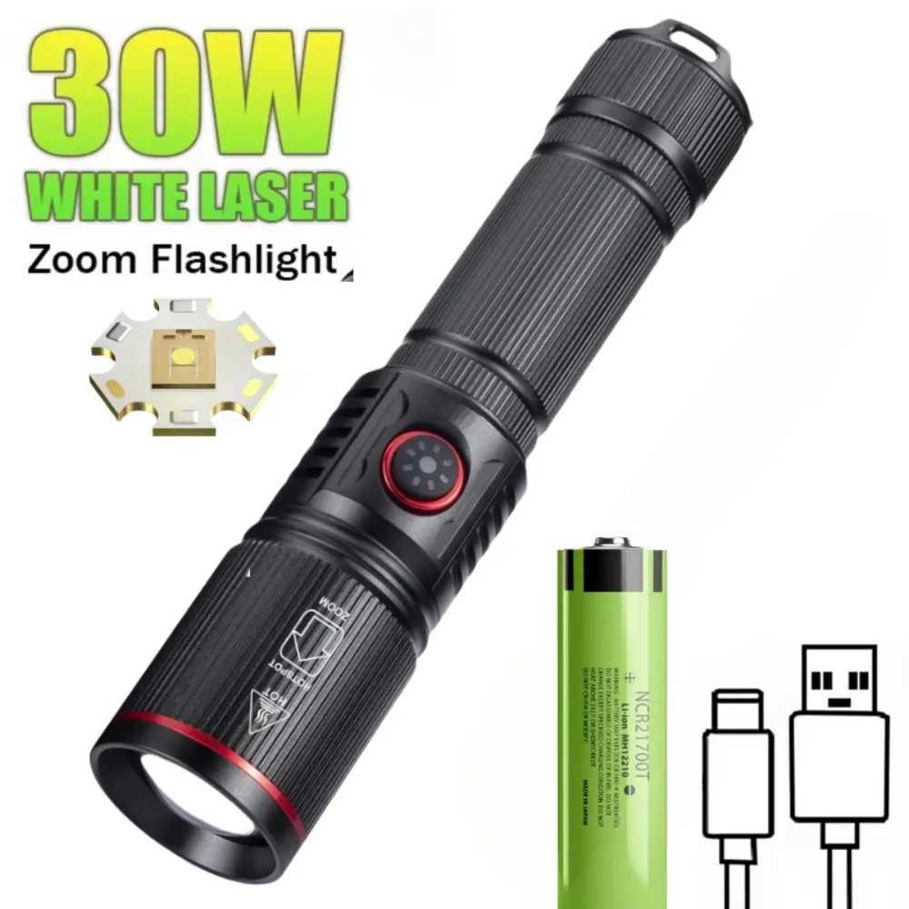 Powerful 30W White Laser Zoom Flashlight Use 18650 or 21700 Battery Rechargeable Torch Outdoor Hunting Emergency Lighting Lamp XJ250529