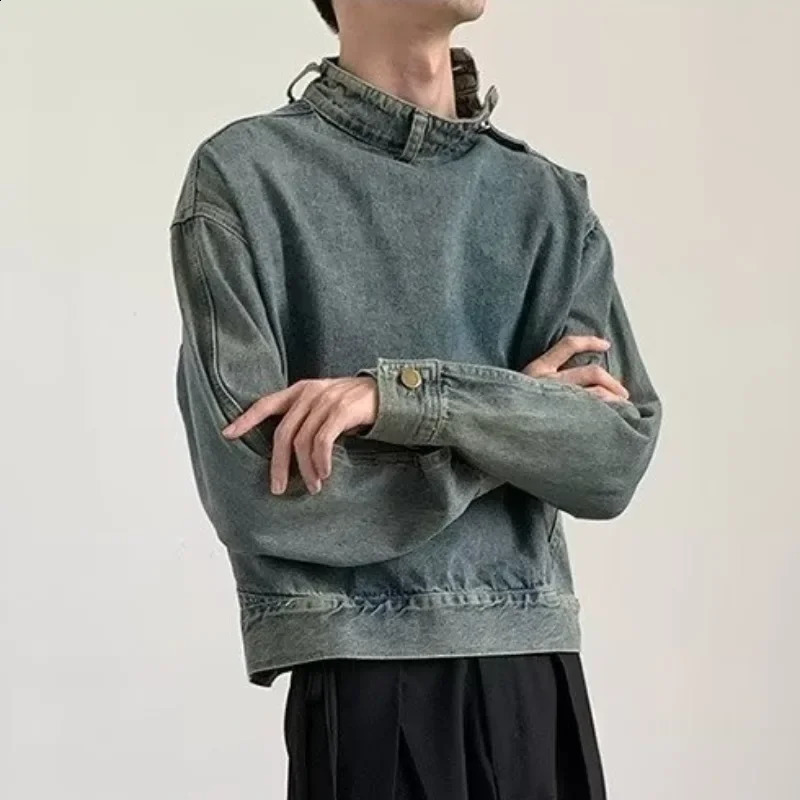 Denim Jacket Stand Collar Long Sleeve Coats Washed Distressed Outerwear Vintage Men Loose Solid Pockets Moto Biker Button 250516Z