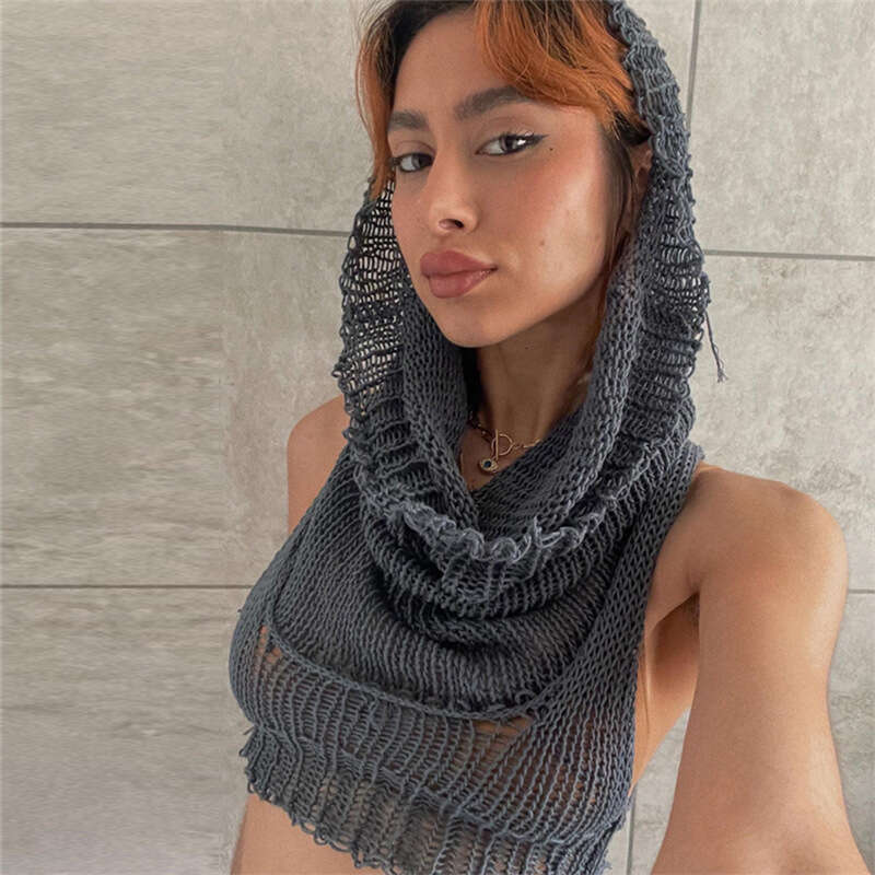 Autumn Fashion Trend Women's New Hooded Sleeveless Crop Knit Solid Color Inner Sweater B5