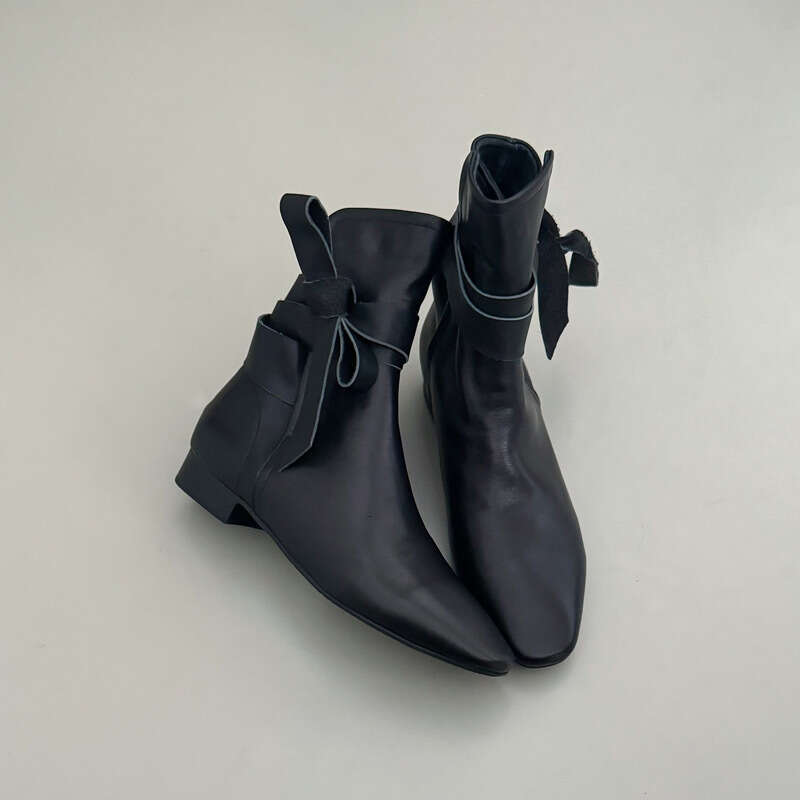 Korean Style Niche Genuine Leather Square Toe Bowknot Lace-up Slim Short Women Autumn Winter Chelsea Martin Boots