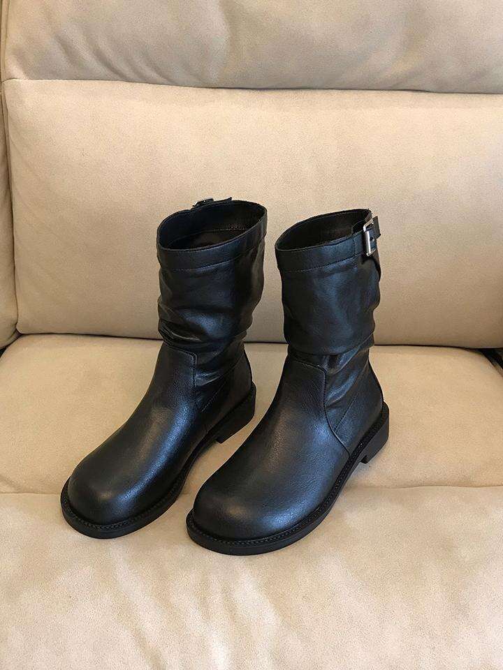 Genuine Leather Korean Style Short for Women 2024 Autumn Winter New Chunky Heel Round Toe Slouch Mid-Calf Slim Martin Boots