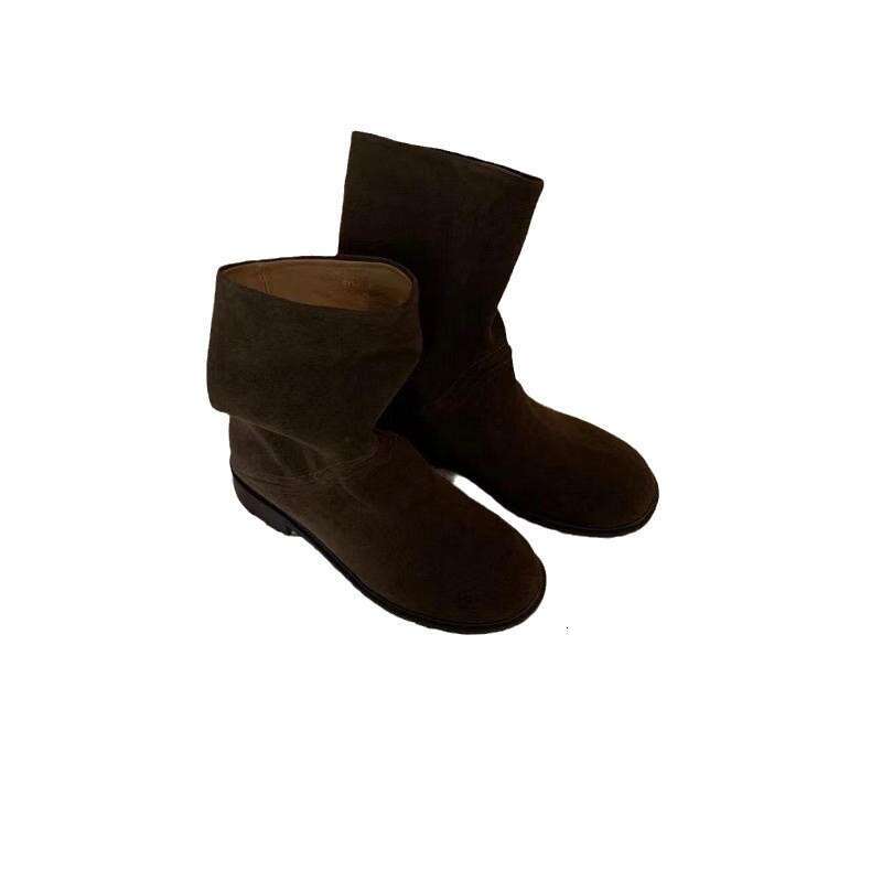 Niche Suede Round Toe Western Cowboy for Women 2024 New Thick Heel Pull-On Martin Slim Boots