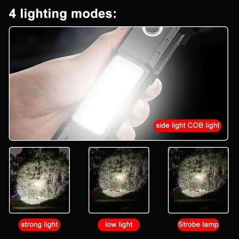 LED Flashlights Tactical Torch Rechargeable Portable Spotlight Long-Range Camping Flashlight With Safety Hammer COB SidelightXJ250529