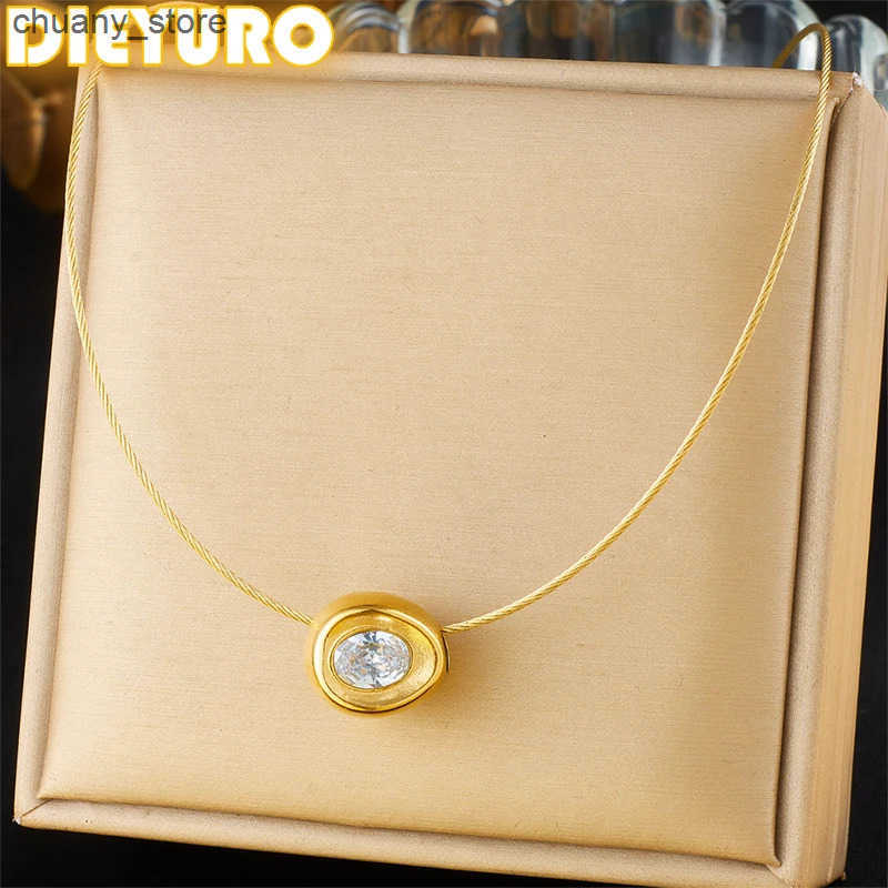 DIEYURO 316L Stainless Steel Golden Hollow Ellipse Zircon Pendant Wire Necklace For Women Classic Trend Neck Chain Holiday Gift z250530HBIE