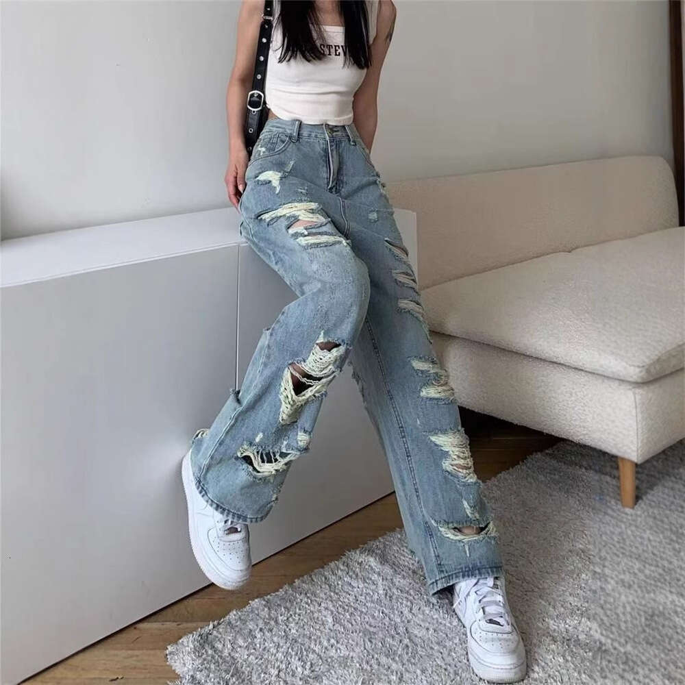 American High Street Washed Ripped Jeans for Men, Straight Loose Fit, Summer Plus Size Wide Leg Distressed Pants, Slimming Trendy