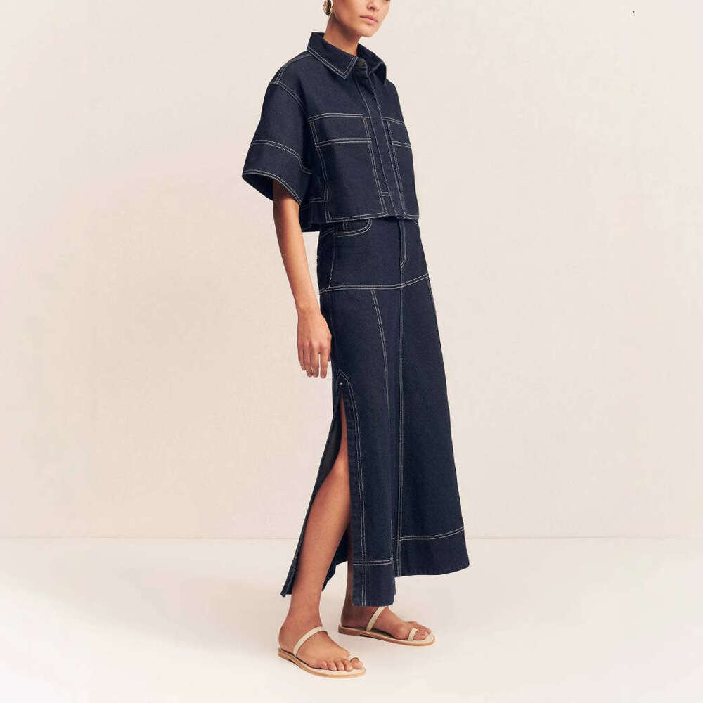 Summer Women's Casual Pocket Short Sleeve Shirt Split Skirt Denim Two-Piece Set B5