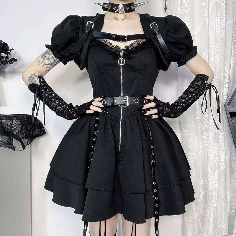 Y2k Black Gothic Lolita Shoulder Top Punk Style Bandage Mini Dress Women Sexy Dresses Club Clothes