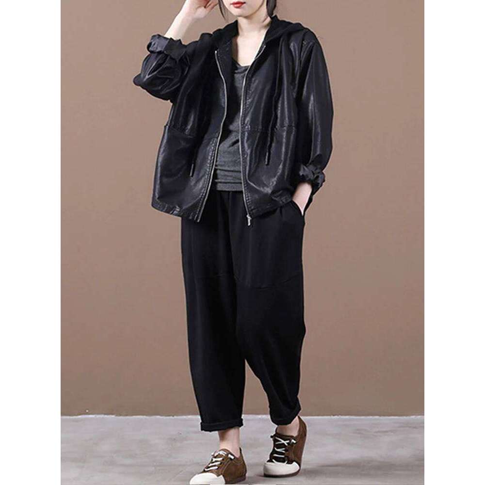 Amax luluE Autumn European Womens Black Hooded Faux Leather Jackets Ladies Classic Leisure Pu Biker Coat Loose Vintage Clothing