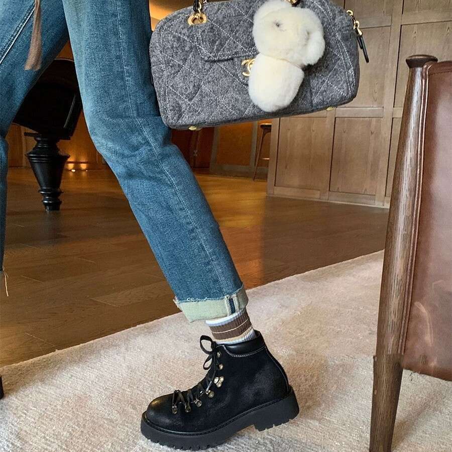 Genuine Leather Suede British Style Round Toe Chunky Heel High Top Martin for Women Thick Sole Versatile Front Lace-up Short Boots
