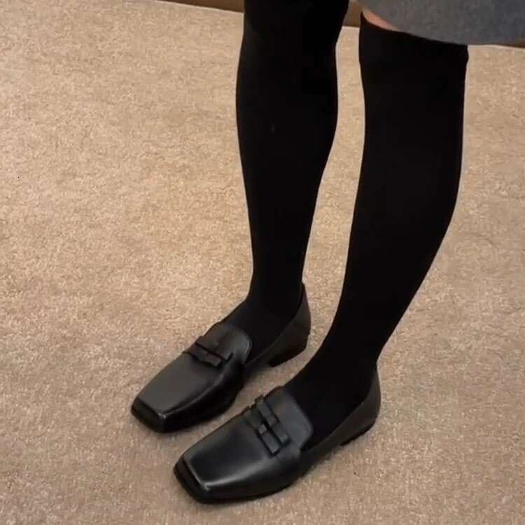 Genuine British Style Square Toe Low Heel Flat Loafers for Women 2025 Spring New Comfortable Bowknot Small Leather Single Shoes