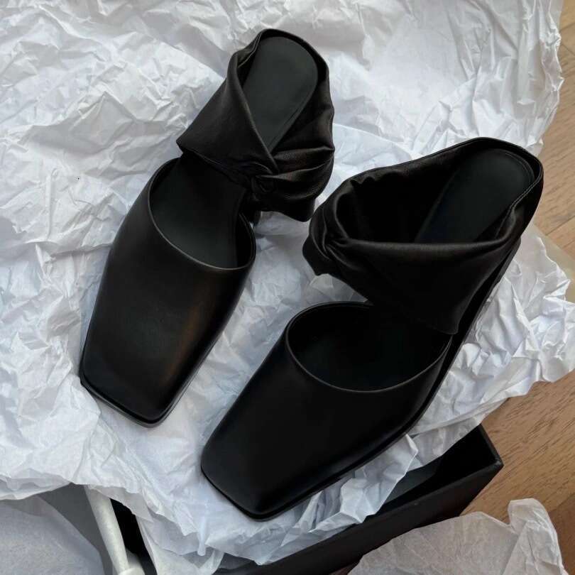 Genuine Leather Niche Square Toe Wedge for Women Outdoor 2025 Spring Summer One-Strap Sandals Mules