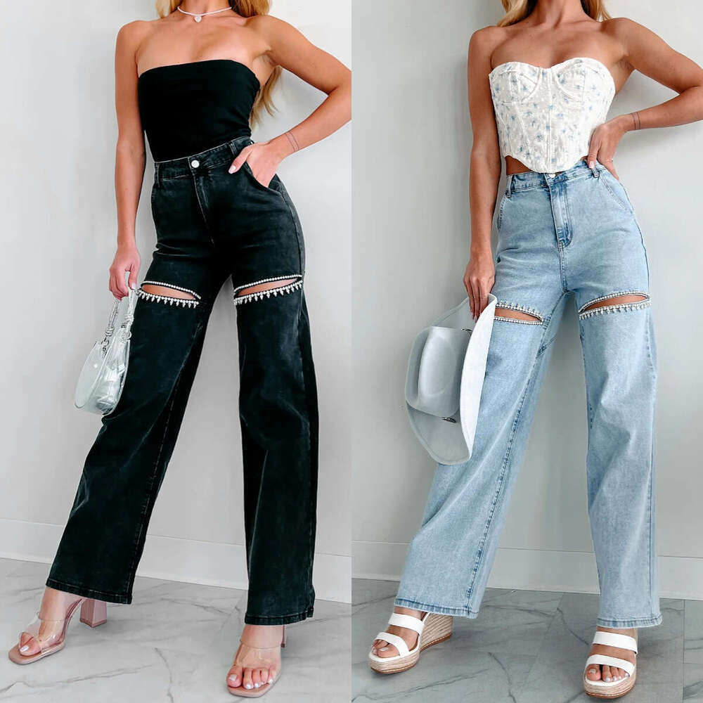 Autumn New Fashion Casual Studded Ripped Straight Leg Women's Vintage Jeans B5