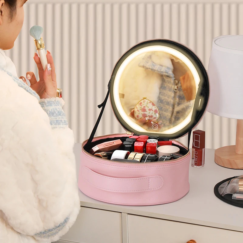 Travel PUMakeup Bag With LED Mirror Portable Cosmetic And Light Rechargeable Makeup Lights 250528