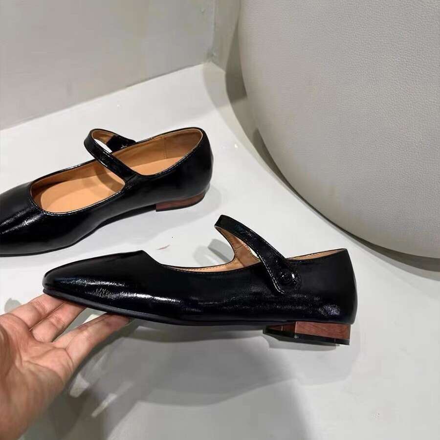 Genuine Leather French Style One-Strap Flat Casual Mary Jane Women's Square Toe Shallow Mouth Versatile Single Shoes Spring and Autumn New Model